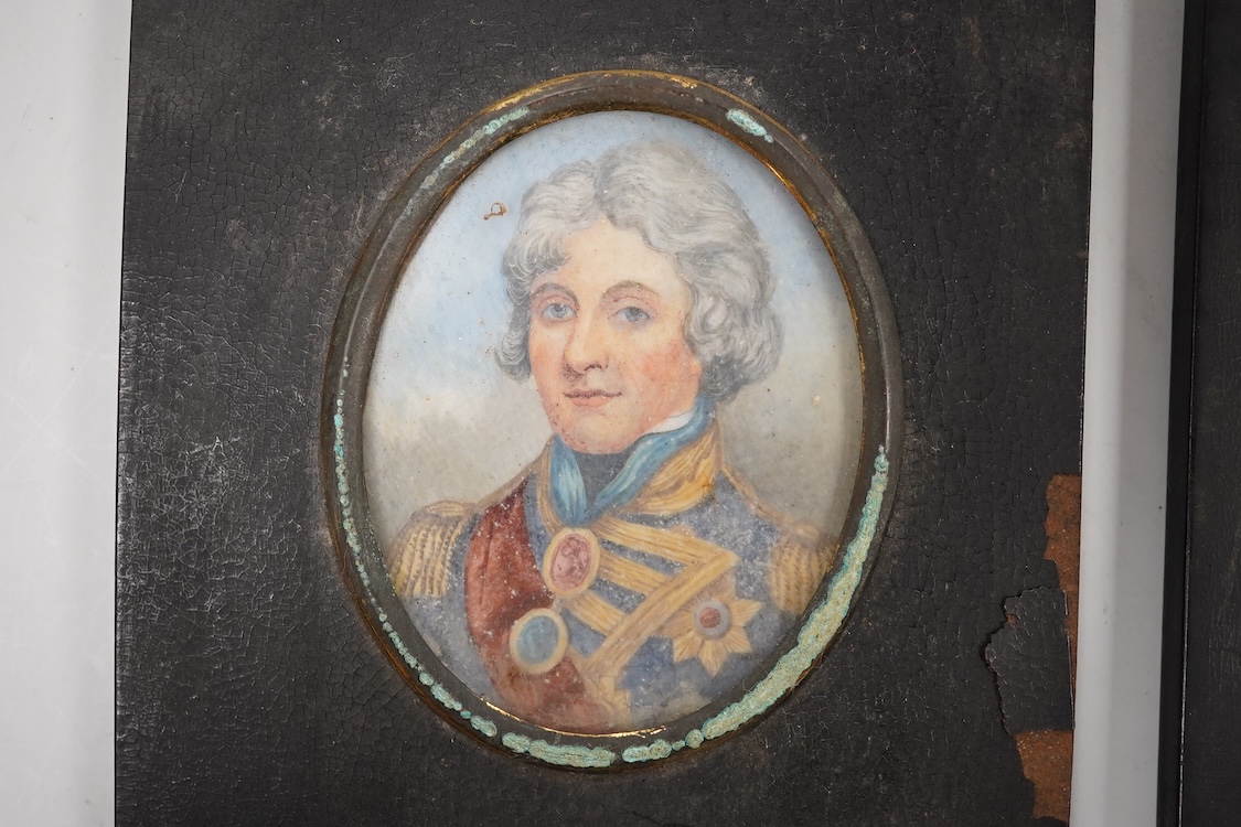 Two 19th century portrait miniatures comprising: Horatio Nelson and one of a lady possibly his wife, watercolours on ivory, each framed, one with red wax collectors seal verso, 7 x 5.5cm - CITES Submission reference BH4L